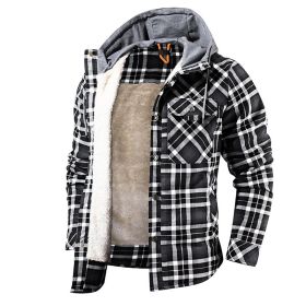 Men Warm Jacket Fleece Lining Lumberjack Plaid Hooded Jackets Snap Button (Color: Black)